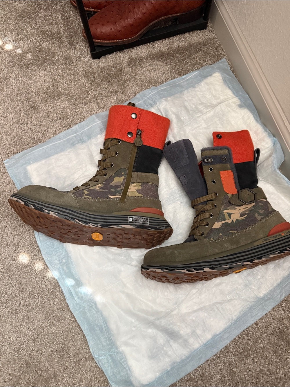 Sorel Olive Camo Lace-Up Boots with Orange Cuff Accent
